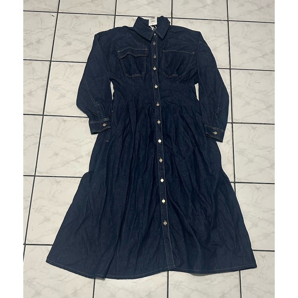 FRAME Women's Blue Long-Sleeve Button-up Nipped Denim A-Line Dress Size 8